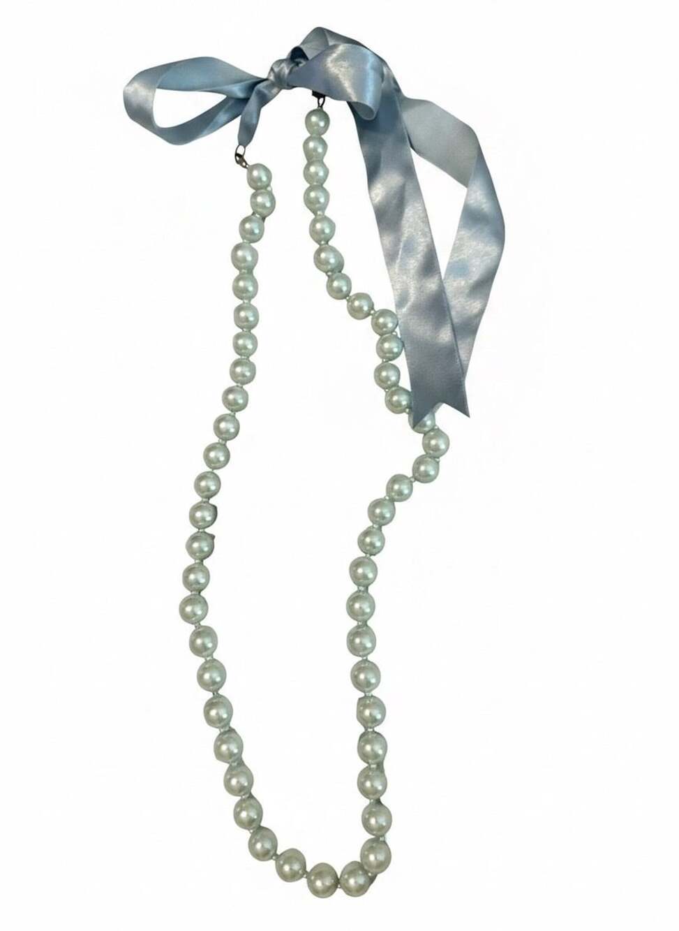 Faux Pearl Strand Necklace with Light Blue Satin Ribbon Bow Tie